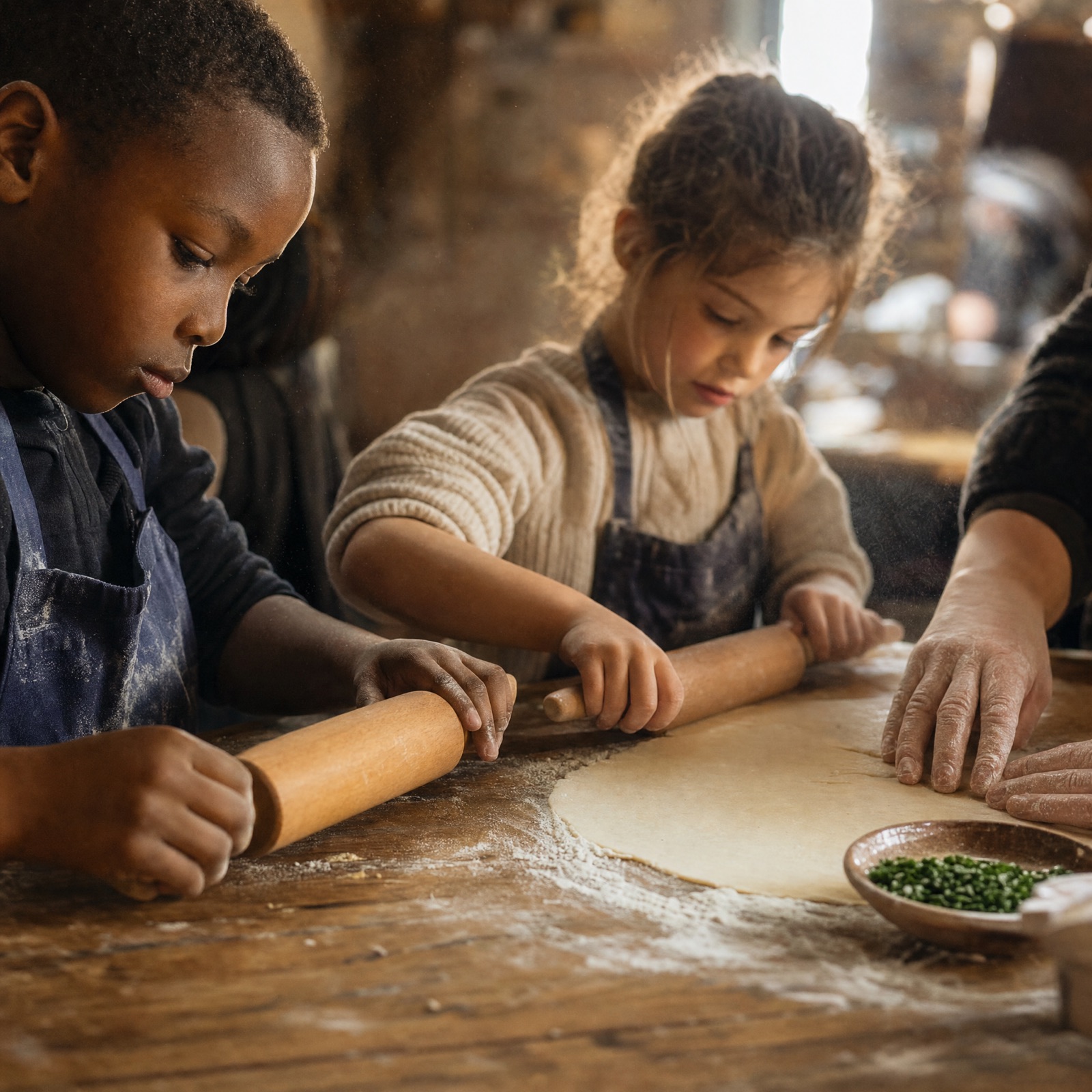 Mains d'enfants travaillant la pâte du broyé du Poitou